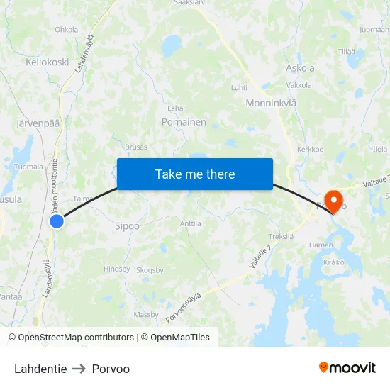 Lahdentie to Porvoo map