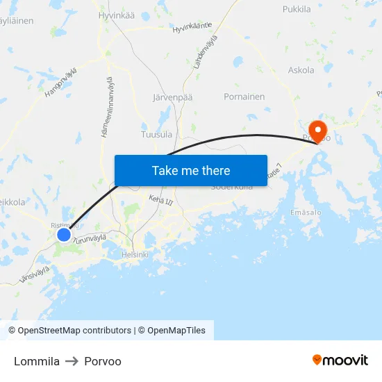 Lommila to Porvoo map
