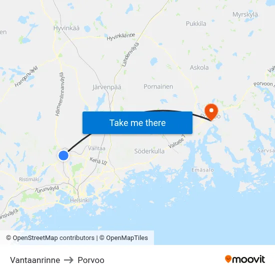 Vantaanrinne to Porvoo map