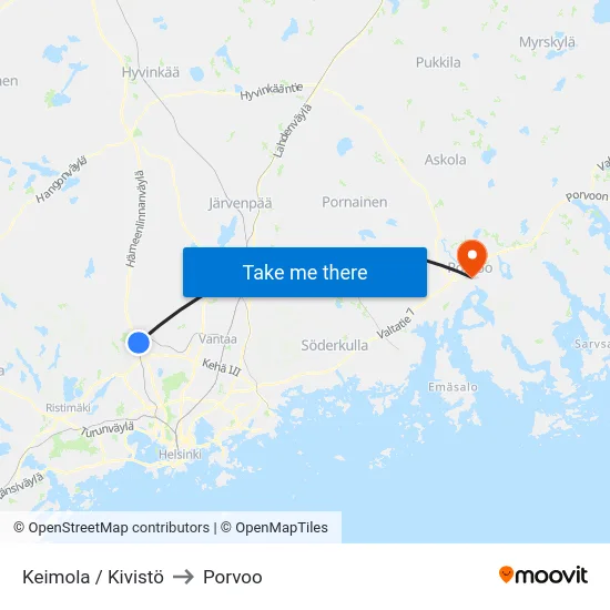 Keimola / Kivistö to Porvoo map