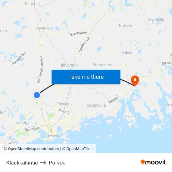 Klaukkalantie to Porvoo map