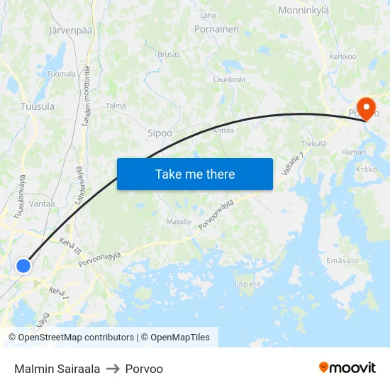 Malmin Sairaala to Porvoo map