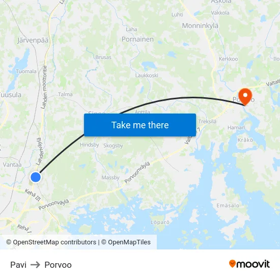Pavi to Porvoo map