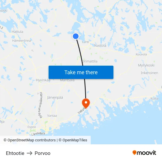 Ehtootie to Porvoo map