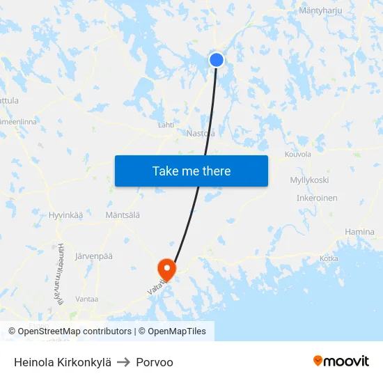 Heinola Kirkonkylä to Porvoo map