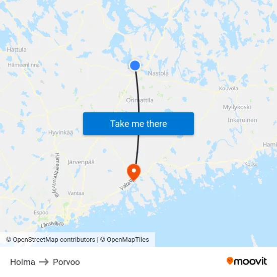 Holma to Porvoo map