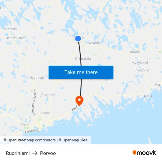 Ruoriniemi to Porvoo map