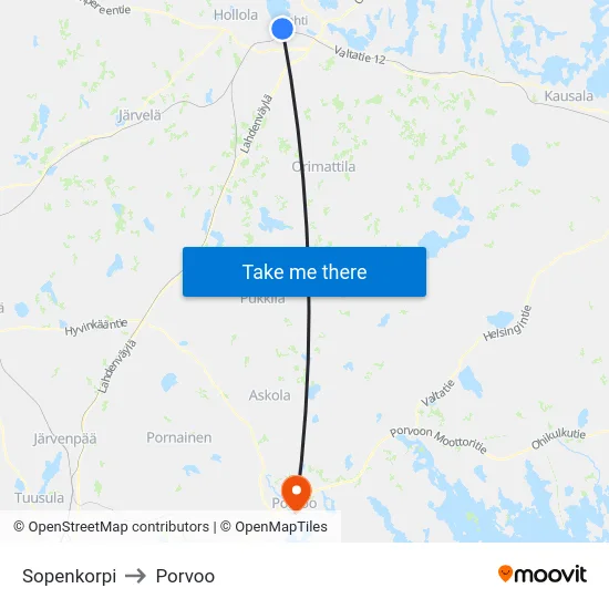 Sopenkorpi to Porvoo map