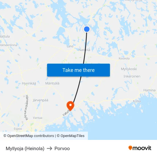 Myllyoja (Heinola) to Porvoo map