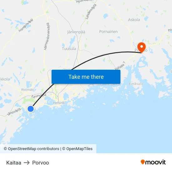 Kaitaa to Porvoo map