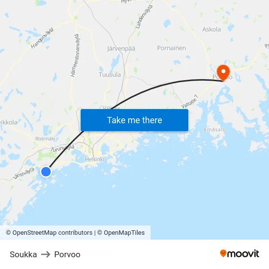 Soukka to Porvoo map