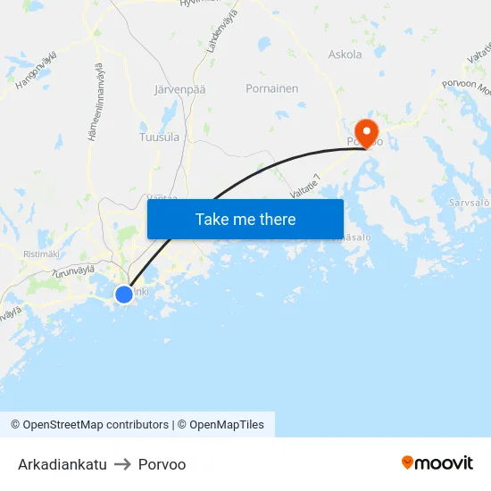 Arkadiankatu to Porvoo map