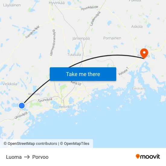 Luoma to Porvoo map