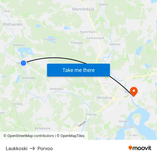 Laukkoski to Porvoo map