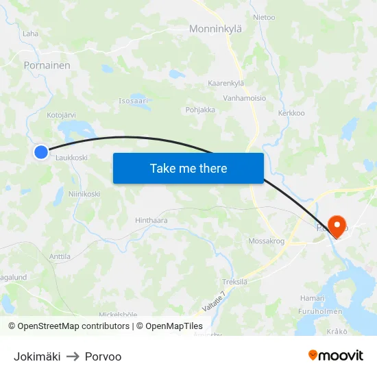 Jokimäki to Porvoo map