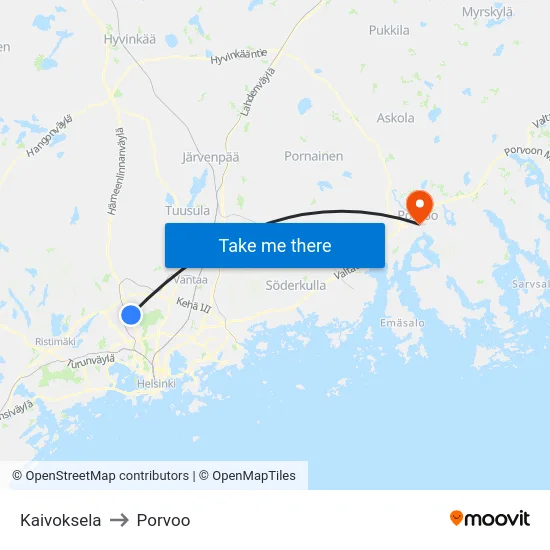 Kaivoksela to Porvoo map