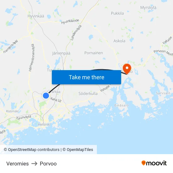 Veromies to Porvoo map