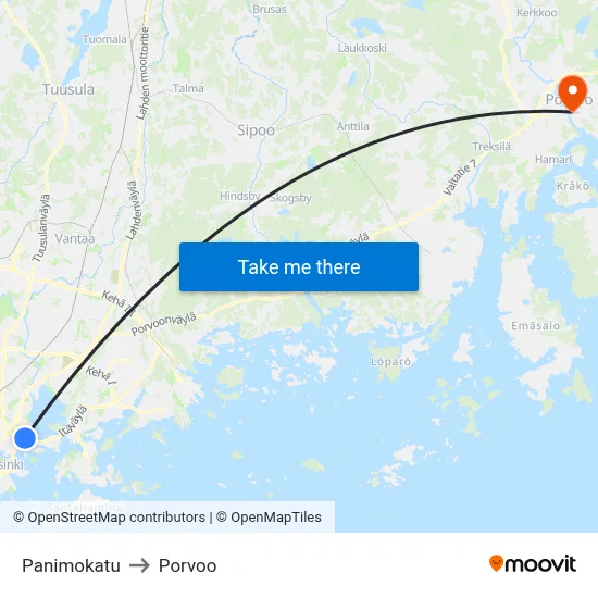 Panimokatu to Porvoo map