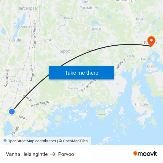 Vanha Helsingintie to Porvoo map