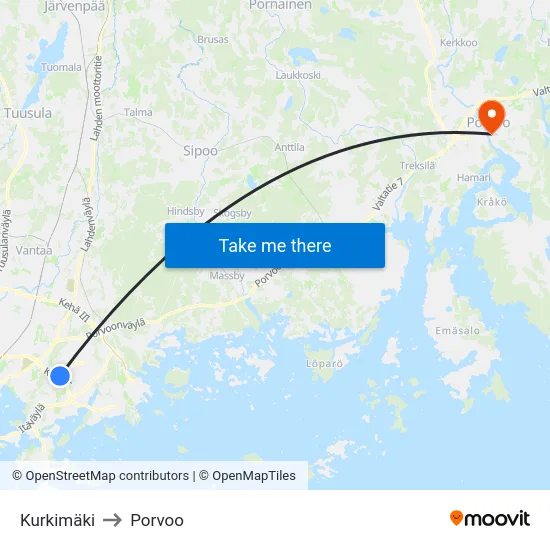Kurkimäki to Porvoo map