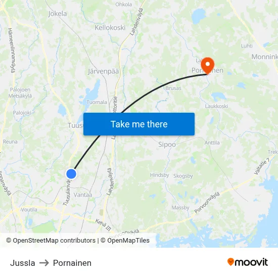 Jussla to Pornainen map