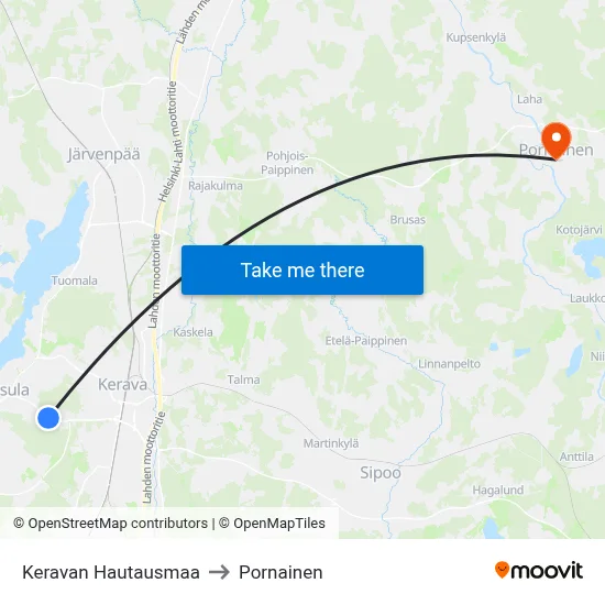 Kerava Cemetery to Pornainen map