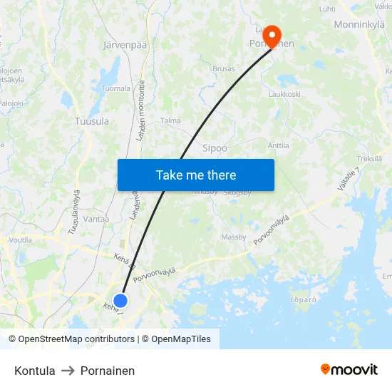 Kontula to Pornainen map