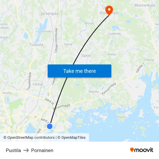 Puotila to Pornainen map