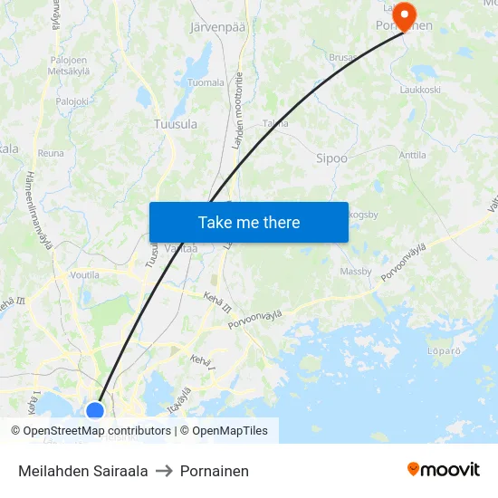 Meilahden Sairaala to Pornainen map