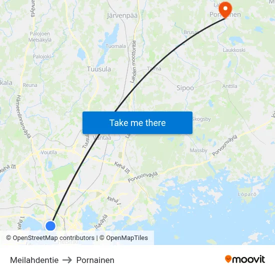 Meilahdentie to Pornainen map