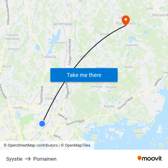 Syystie to Pornainen map