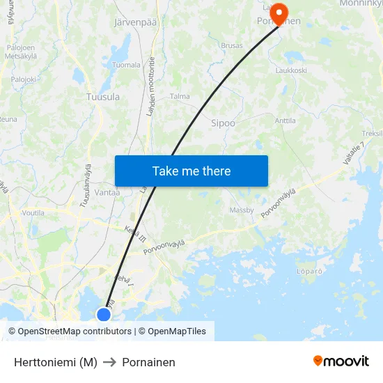 Herttoniemi (M) to Pornainen map