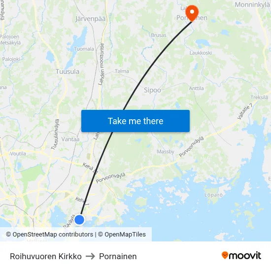 Roihuvuori Church to Pornainen map