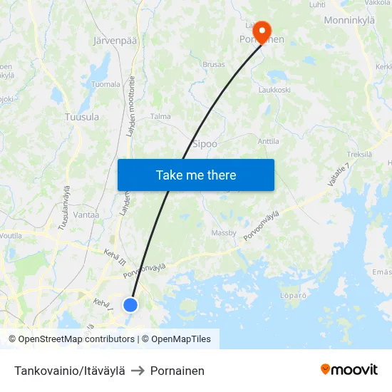 Tankovainio/Itäväylä to Pornainen map