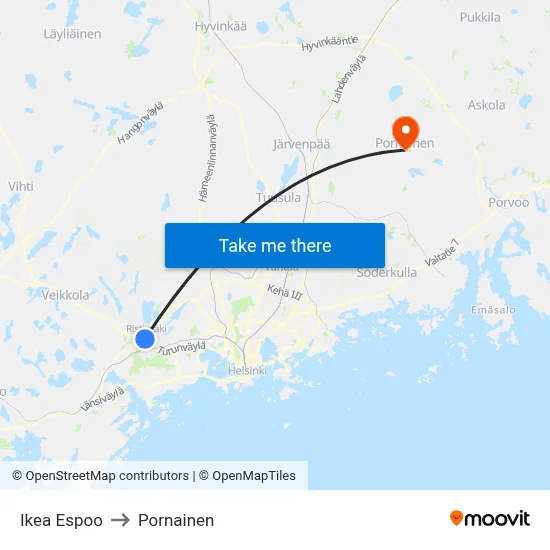 Ikea Espoo to Pornainen map
