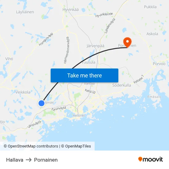 Hallava to Pornainen map