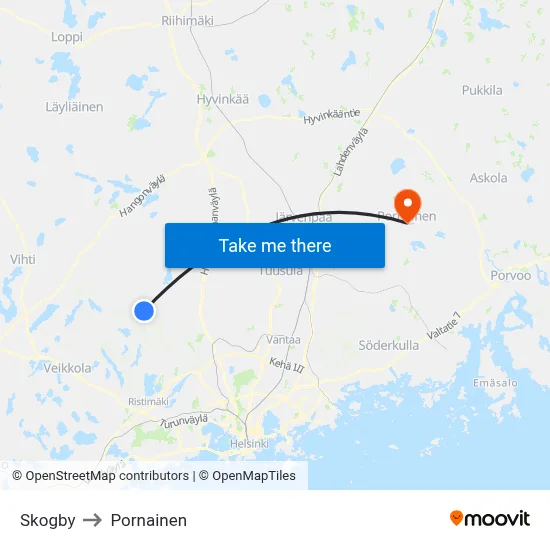 Skogby to Pornainen map