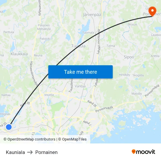 Kauniala to Pornainen map