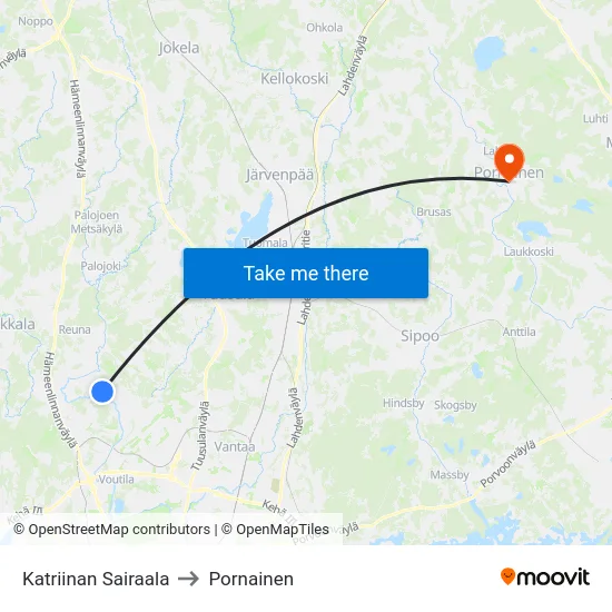 Katriinan Sairaala to Pornainen map