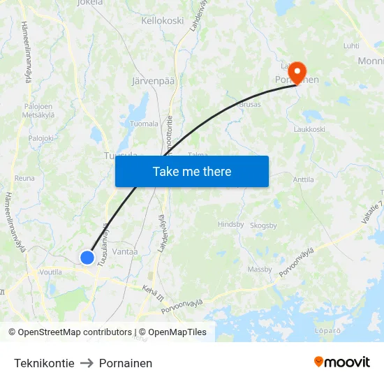 Teknikontie to Pornainen map