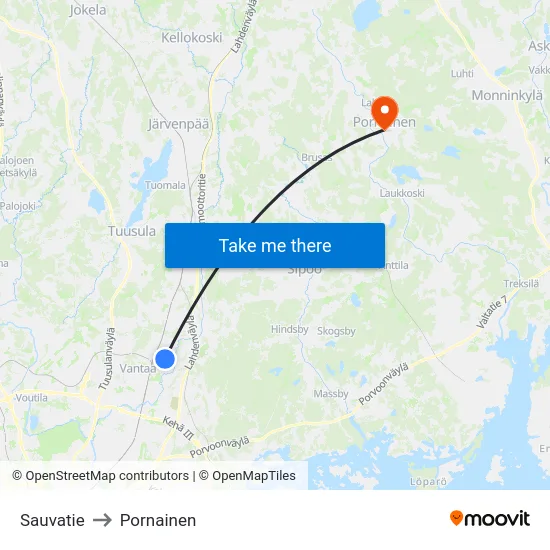 Sauvatie to Pornainen map