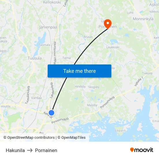 Hakunila to Pornainen map