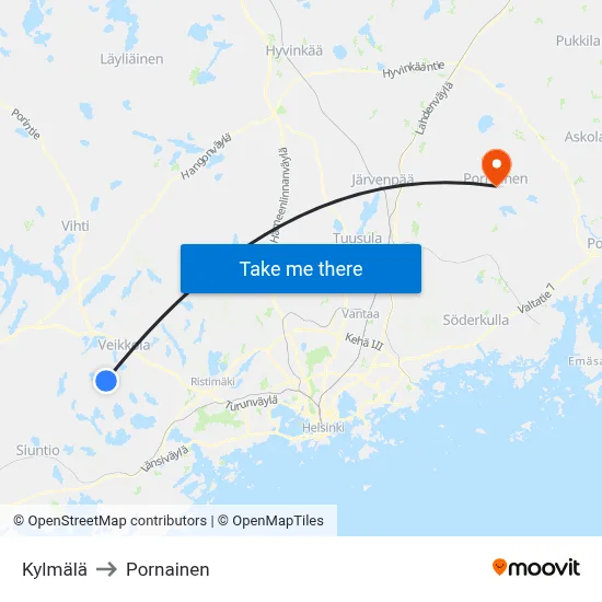 Kylmala to Pornainen map