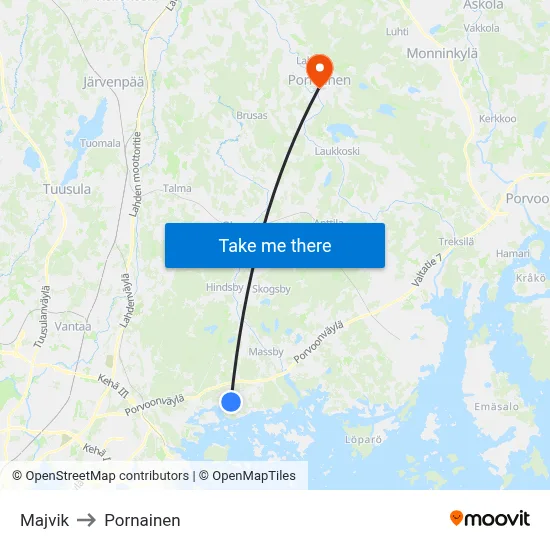 Majvik to Pornainen map