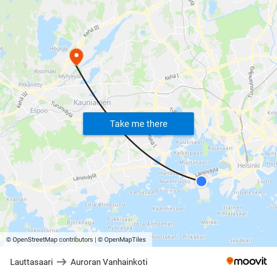 Lauttasaari to Auroran Vanhainkoti map