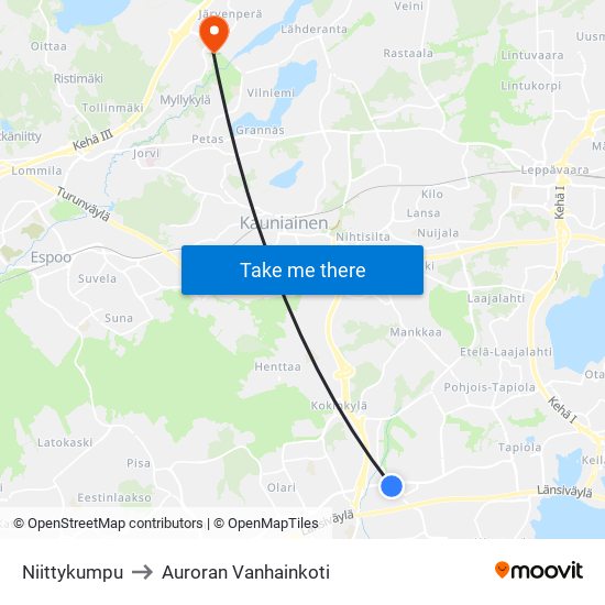 Niittykumpu to Auroran Vanhainkoti map