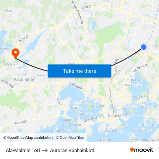 Ala-Malmin Tori to Auroran Vanhainkoti map