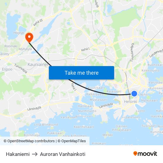 Hakaniemi to Auroran Vanhainkoti map