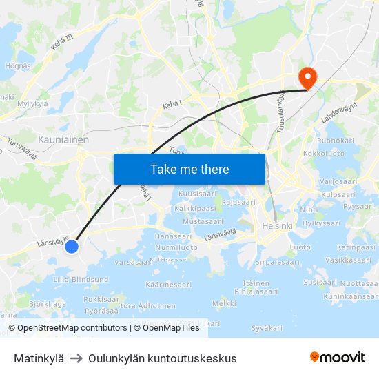 Matinkylä to Oulunkylän kuntoutuskeskus map