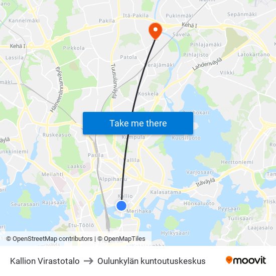 Kallion Virastotalo to Oulunkylän kuntoutuskeskus map